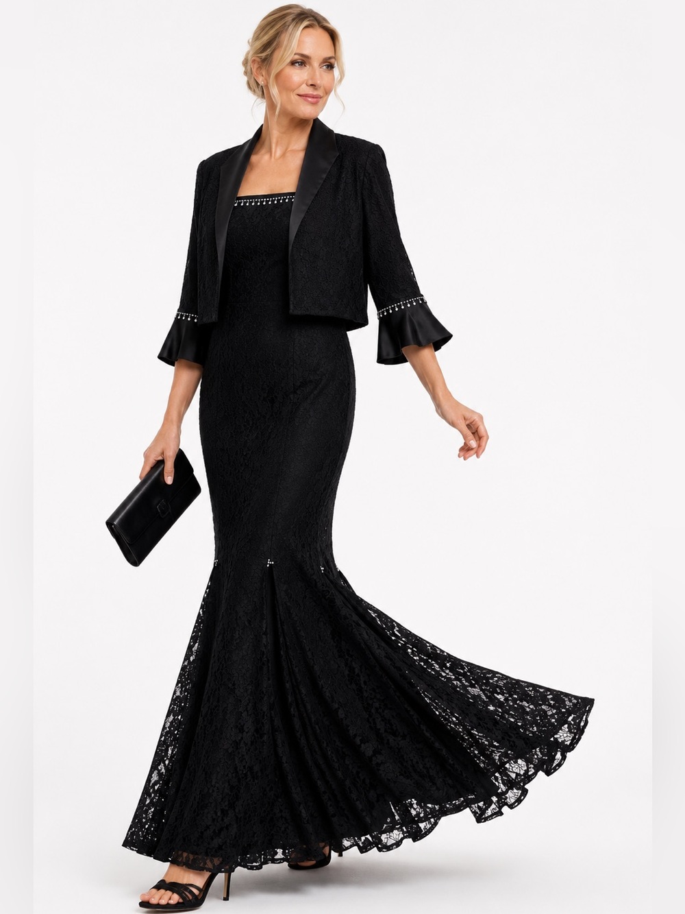Custom Couture Black Lace Evening Dress & Jacket Set XL Rhinestone Embellished